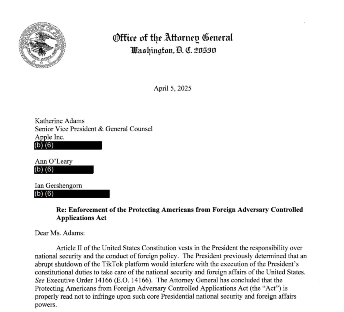 Письмо от Office of the Attorney General США о правоприменении в сфере приложений, связанное с национальной безопасностью и обработкой данных